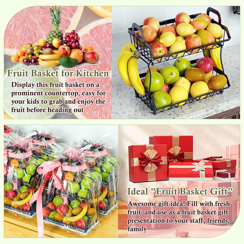 OKZEST 2-Tier Fruit Basket for Kitchen Counter with 2 Banana Hangers, Hanging Fruit Storage Basket Stand, Metal Fruit Organizer Bowl with Handles for Storage Potato Onion Bread Snack Vegetable