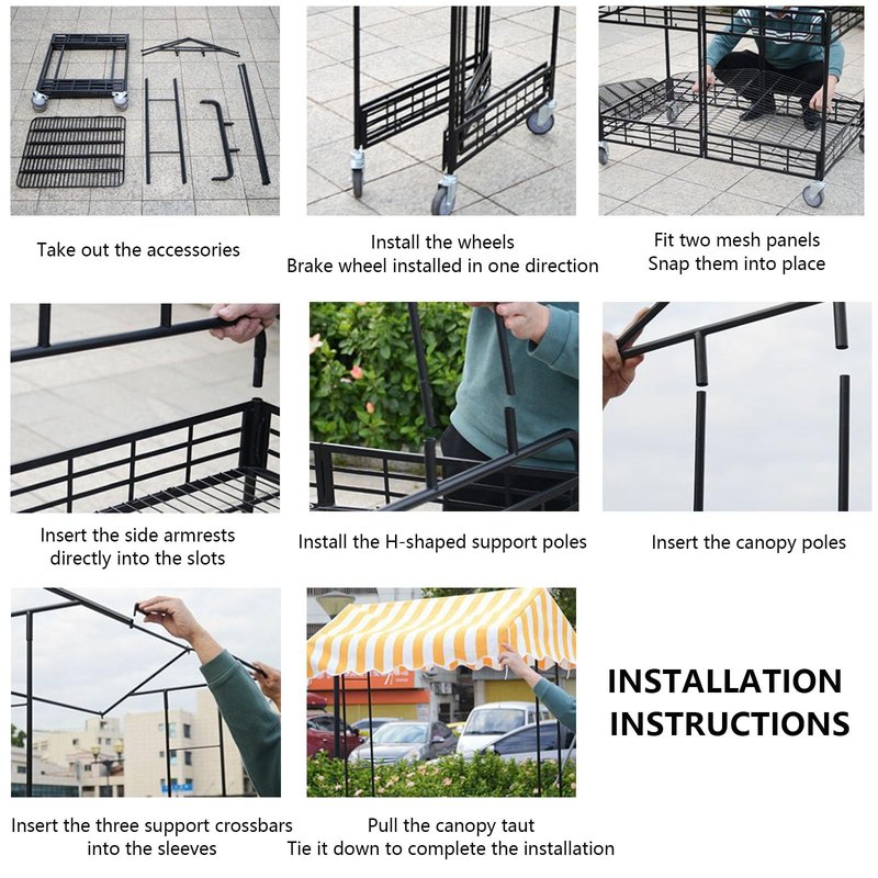 Folding Vendor Stall Cart with Canopy 2-Tier Mobile Food Display Stand On Lockable Wheels Flexible Storage Thickened Square Tube Suitable for Farmers Markets and Street Stalls Pink + White 43.3in