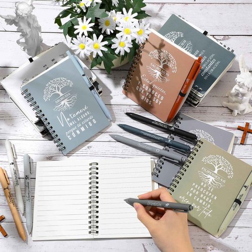 Kosiz 60 Pcs Spanish Christian Spiral Notebooks with Ballpoint Pens Tree Life Bible Verse A6 Journal Religious Inspirational Gift Grandparent Day Gift Set Church Pastor(Classic Style,Boho Color)