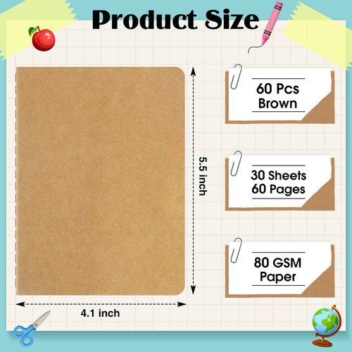 Colarr 60 Pcs Mini Notebooks 5.5 x 4 Inch 30 Sheets Small Journal Bulk Blank Lined Notebook Small Kraft Paper Book Bulk Student Classroom Office Back to School Supplies(Brown)