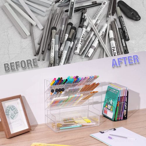 NiOffice Clear Acrylic Desk Organizer with 10 Compartments for Pens, Writing & Correction Supplies Ideal for Office, School and Home Use