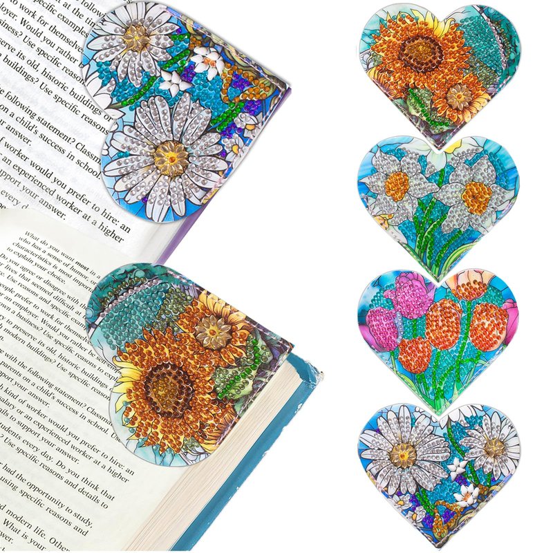 LINGFANG 4 Pcs Diamond Painting Bookmark, DIY Corner Book Makers for Adults Book Lovers, Diamond Dot Art Beginners, Small Diamond Art Kits, Paint by Art Crafts Gift for Women Girls (Heart Flower)
