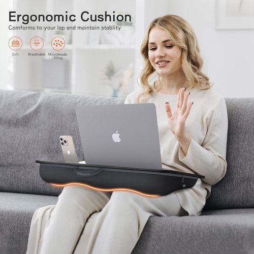 Lap Desk, Lap Desk with Cushion, Fits up to 17 inch Laptop, Pillow Designed, Portable Laptop Stand with Tray, Pad & Phone Holder, Home Office for Bed/Couch/Car/Reading/Writing,MillHome (Black)