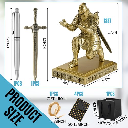Sherr 1 Set Knight Pen Holder DIY Gift Set for Desk with Sword Back to School Resin Knight Pen Holder Magnetic Organizers with Metal Sword Desk Accessories Gift for Men Dad Friend Office Christmas