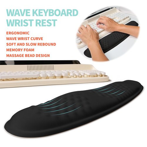 KUOSGM 2-in-1 Ergonomic Set, Wave Rise Keyboard Wrist Rest and Massage Bulge Slope Mouse Pad Wrist Support, Cushion Memory Foam Integrated to Relieve Wrist Pain, Black