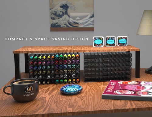 TOOLI-ART 72 Art Marker Storage Tray Desk Organizer Holder, Adjustable Dividers, Modular, Expandable, Stackable, Fit Most Pen, Pencil, Brushes. School, Home, Multi Purpose Tinted Plastic 6 Trays