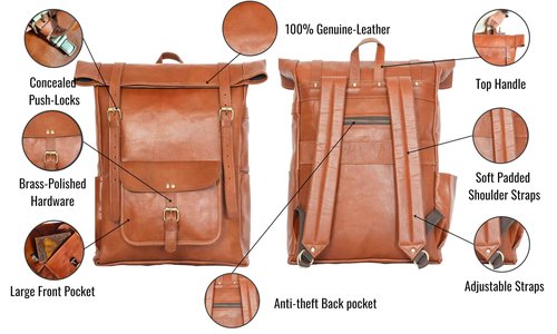jaald 23" Brown Leather Backpack Vintage Rucksack Laptop Bag Large Travel Roll Top College Bookbag Comfortable Lightweight Travel Hiking/picnic For Men