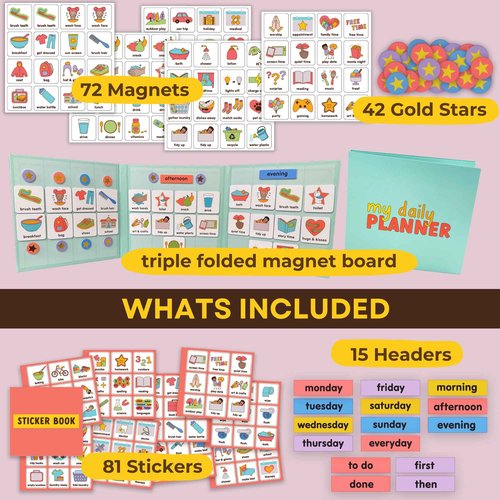 Look Lola Magnetic Daily Visual Schedule for Kids at Home - Create Your Own Routine Chart for Kids & Toddlers (Morning and Bedtime) - Autism ADHD (72 Magnets + Board)