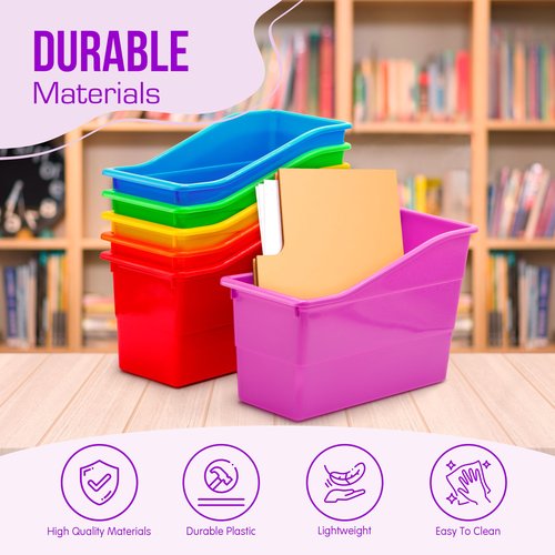 4E's Novelty 6 Durable Book and Binder Holder, Files Book Bins for Classroom, Plastic Vertical Storage Book Organizer Folder Office Classroom Organization Containers Supplies (Rainbow)