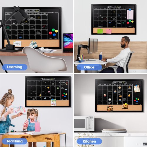 Board2by Monthly Chalkboard Calendar & Cork Board for Wall, 24"x36" Magnetic Chalk Calendar Board Combo Board, Large Wall Mounted Combination Board Blackboard for Office, Kitchen, School, Home, Black
