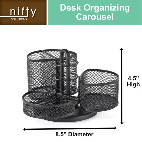 Nifty Desk and Office Organizing Carousel – Modern Black Powder Coated Finish, 3 Compartments with Dividers, Spins 360-Degrees, Lazy Susan Platform, Office Desk Organizer, School Supplies