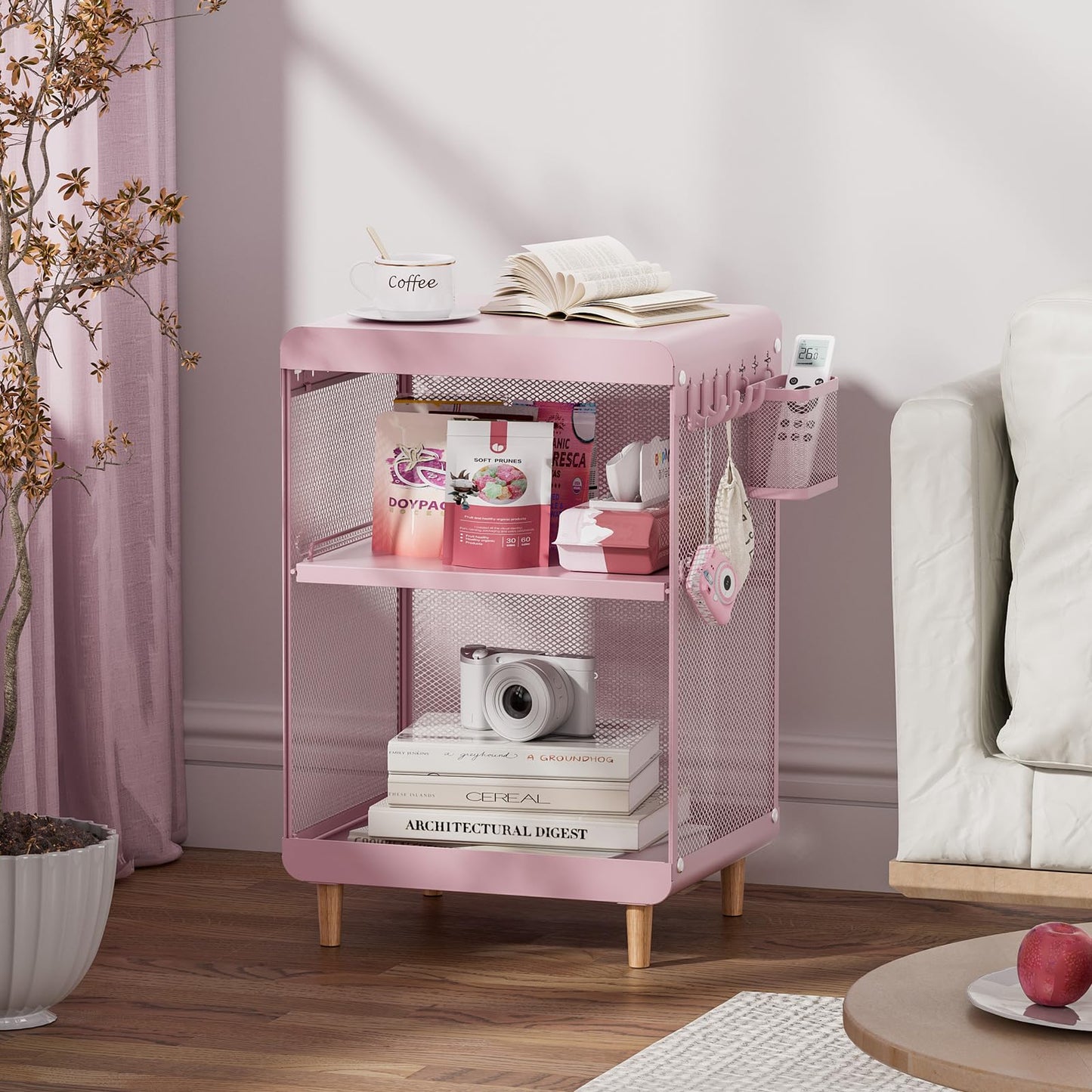 SYKIARIOL Kids Nightstand for Girls, Metal Bedside Table with 4 Hooks & Hanging Basket, 3-Tier Storage Shelf, Toddler Night Stand for Bedroom, Pink