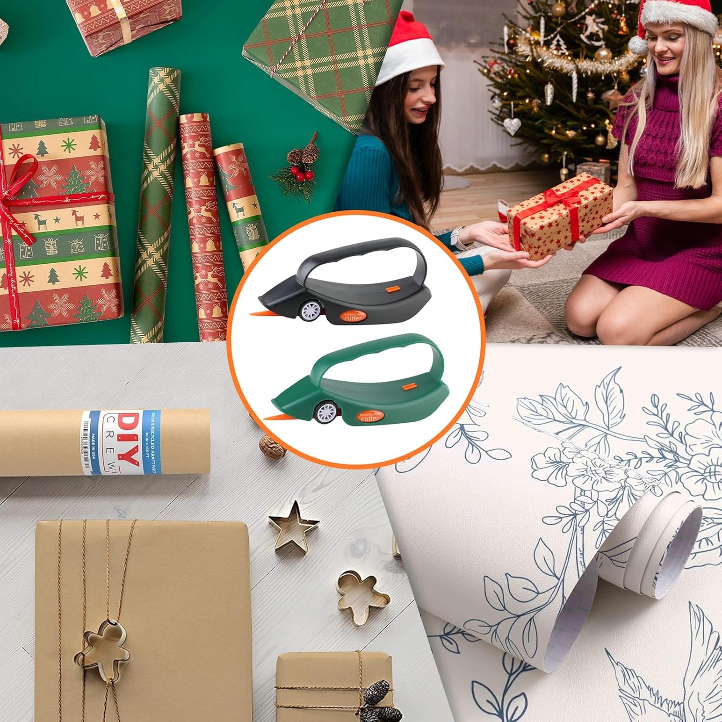 LIZAAL 2-Pack Wrapping Paper Cutter with 3 Replaceable Blades | New Gift Wrap Cutter with Wheels | Birthday and Christmas Wrapping Paper Cutter Slider for Home, Office or Classroom (Black & Green)
