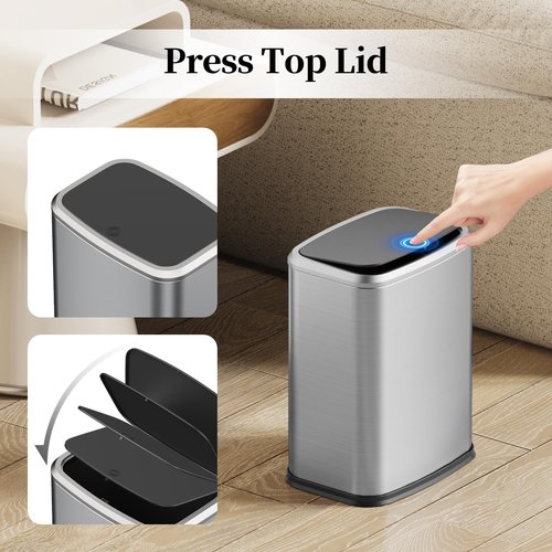 KHMMGK 2.1 Gallon Bathroom Trash Can with Lid Press Top, 8 Liter Stainless Steel Garbage Can with Press Type Lid, Slim Trash Bin Waste Basket for Toilet, Office, Bedroom, Living Room (Silver)