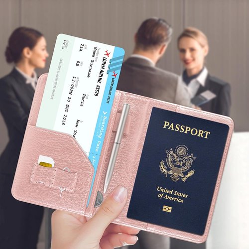 ACdream RFID Blocking Passport Holder - Premium PU Leather Travel Wallet with Card & Pen Holder - Rose Gold