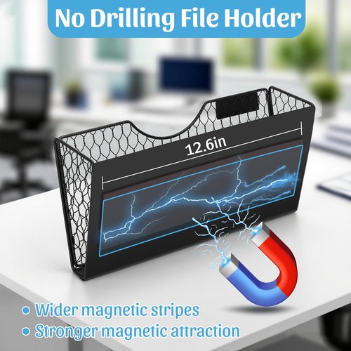 Magnetic File Holder- 2 Pockets Hanging Office File Organizer Wall Mounted 2-in-1, No Drilling Magazine, Paper, Mail, Document Holder for Whiteboard, Refrigerator, Cabinets, Classroom