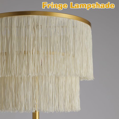 YEPOLI 2 Light Gold Boho Floor Lamp with 2-Tier Tassels/Fringe Lampshade,66" Tall Mid Century Standing Bedroom Lamp,Soft Lighting Nursery Floor Lamp for Bedroom Livingroom
