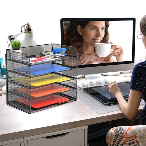 Vanulee 5 Tier Mesh Letter Tray File Organizer, Black, 15.2 x 9.5 x 13.4 inches, Office File Folder Holder, Space Saving, A4/Legal/Letter Size