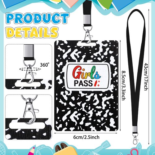 Sabary 6 Sets Composition Hall Passes Wooden Bathroom Pass Lanyards Notebook Style Unbreakable Classroom Passes Gift for Bathroom Office Library Nurse School Supplies(Black)