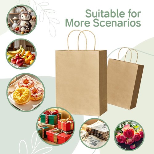 ECOEXTRA Brown Paper Gift Bags - 100 Pcs Medium Kraft Bags with Handles | 8x4.5x10.8 Inch for Parties & Retail
