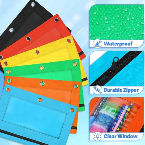 Letapapa 72 PCS Pencil Pouch for 3 Ring Binder, Zipper Pencil Pouches in 6 Colors, 3 Ring Pencil Pouches with Clear Window, Binder Pencil Pouch Bulk for Classroom Office School Supplies