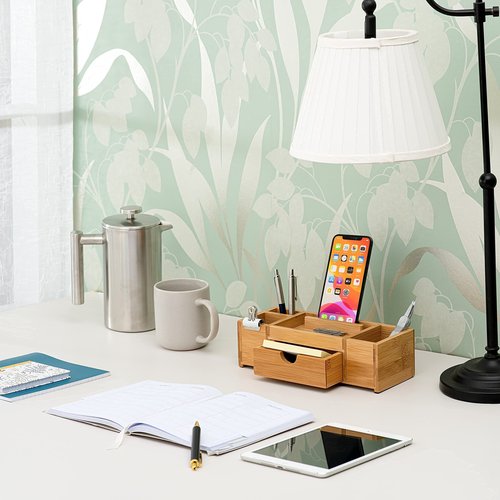 TROEX Bamboo Desk Organizer – Durable Office Wood Desk Organizer with Drawers, Storage Compartments, Pen Holder, and Phone Holder- Home and Office Desk Organizers and Accessories