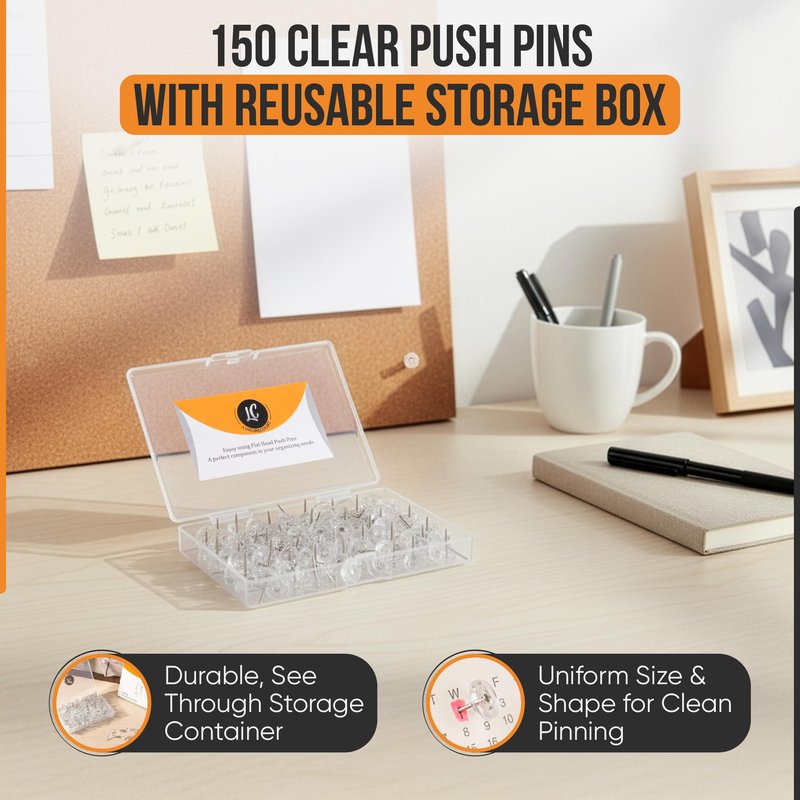 150 Pack Clear Push Pins Thumb Tacks by Luxurecourt, Flat Head Thumbtacks for Bulletin Board, Wall Hanging, Cork Board, Shadow Box, Heavy Duty Plastic Head with Steel Point in Reusable Storage Box.