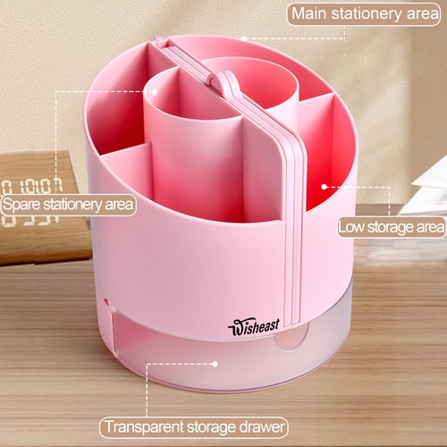 Pencil Pen Holder for Desk with Calculator, Mirror, 7 Slots 180° Opening, Desk Organizers and Accessories, Desktop Storage Stationery Supplies for Office, School, Home, Art Supply, Gifts(Pink)