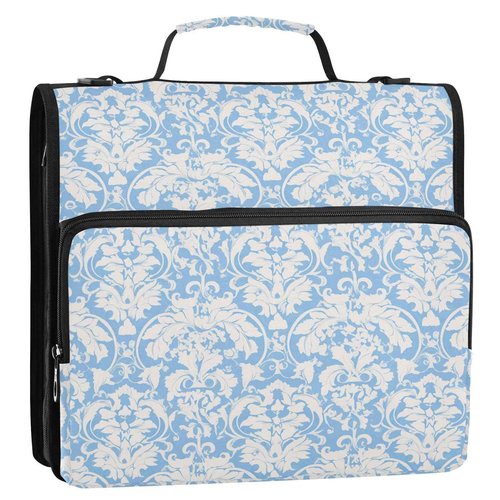 Blue Vintage Floral Zipper Binder 3 Ring Binder 1.5 Inch with Zippers Shoulder Strap & Handle Binders Organizer Bag