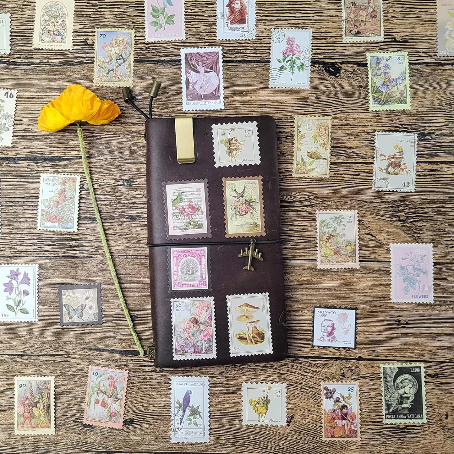 Skiennix Vintage Postage Stamp Stickers - 100 Pcs Deco Paper for Scrapbooking & DIY Crafts | Botanical Fairy Design