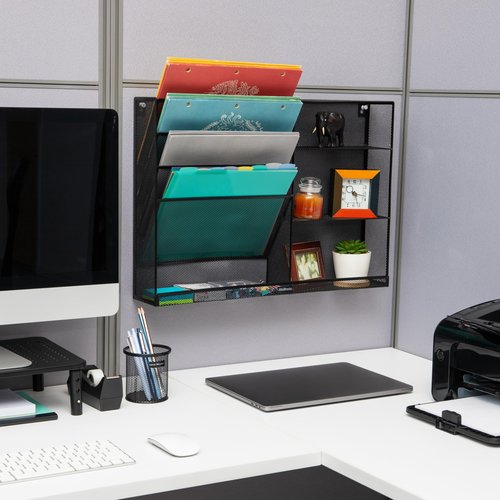 Mind Reader 4-Tier Vertical File Storage and Shelves, Desktop Organizer, Wall Mount, Office, Metal Mesh, 22.5" L x 4" W x 16" H, Black