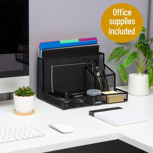 Mind Reader Desktop Organizer with Office Supplies Included, Vertical File, Storage, Metal, 12.5"L x 9"W x 7.25"H, Black