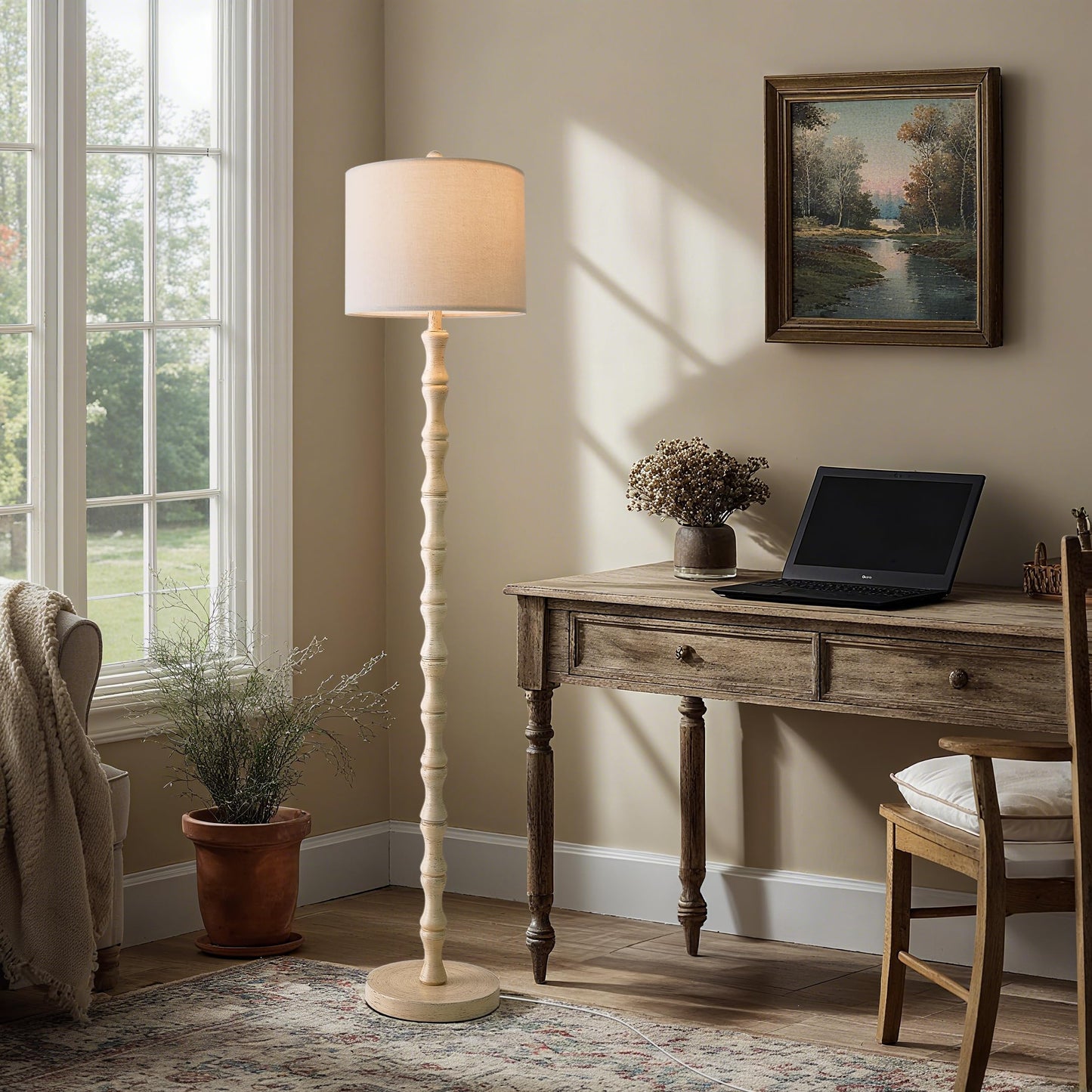 BOBOMOMO 62" Rustic Farmhouse Floor Lamp Antique White with Remote & Dimmable 9W Bulb, 3 Color Temperatures Resin Standing Lamp, Retro Tall Lamp for Living Room, Bedroom, Nursery, Office, Reading Nook