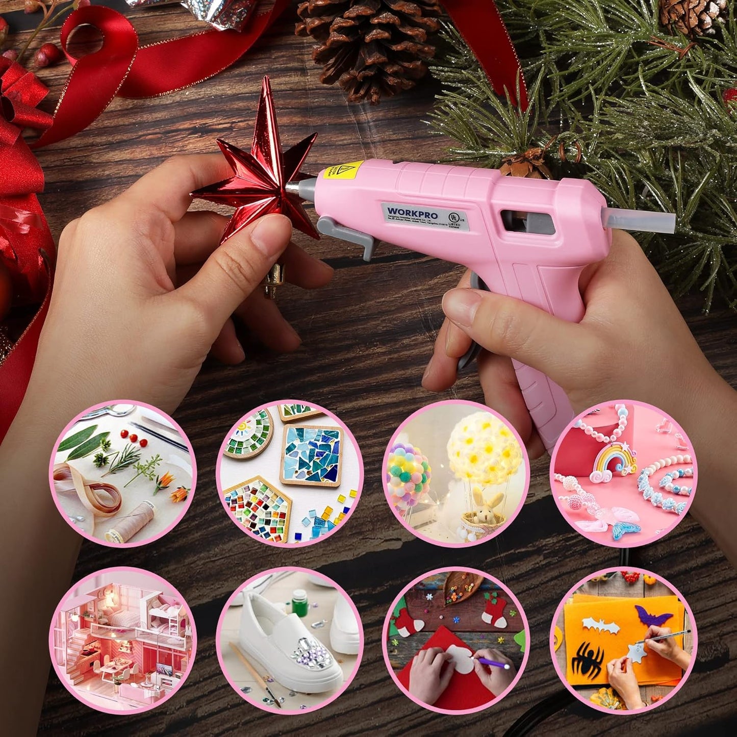 WORKPRO Mini Hot Glue Gun Kit - 20 Pcs Glue Sticks for Arts, Crafts, DIY Projects | Pink Ribbon
