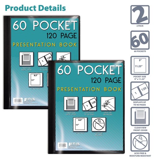 Better Office Products 60 Pocket Bound Black Presentation Book, with Clear View Front Cover, 120 Sheet Protector Pages, 8.5" x 11" Sheets, Art Portfolio, Durable Poly Covers, Letter Size (2 Pack)