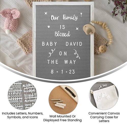 HBCY Creations 12"x17" Felt Letter Board - Solid Wood Frame - White Wash - Gray Felt - 389 PP Letters Including Numbers, Symbols, Icons - Canvas Carrying Case