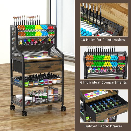 Beroun Rolling Art Cart 3 Tier Craft Cart with Wheels and Storage Drawer Metal Utility Cart Organizer for Drawing Room Home Office Studio for Storing Brushes Paints and Storage Supplies