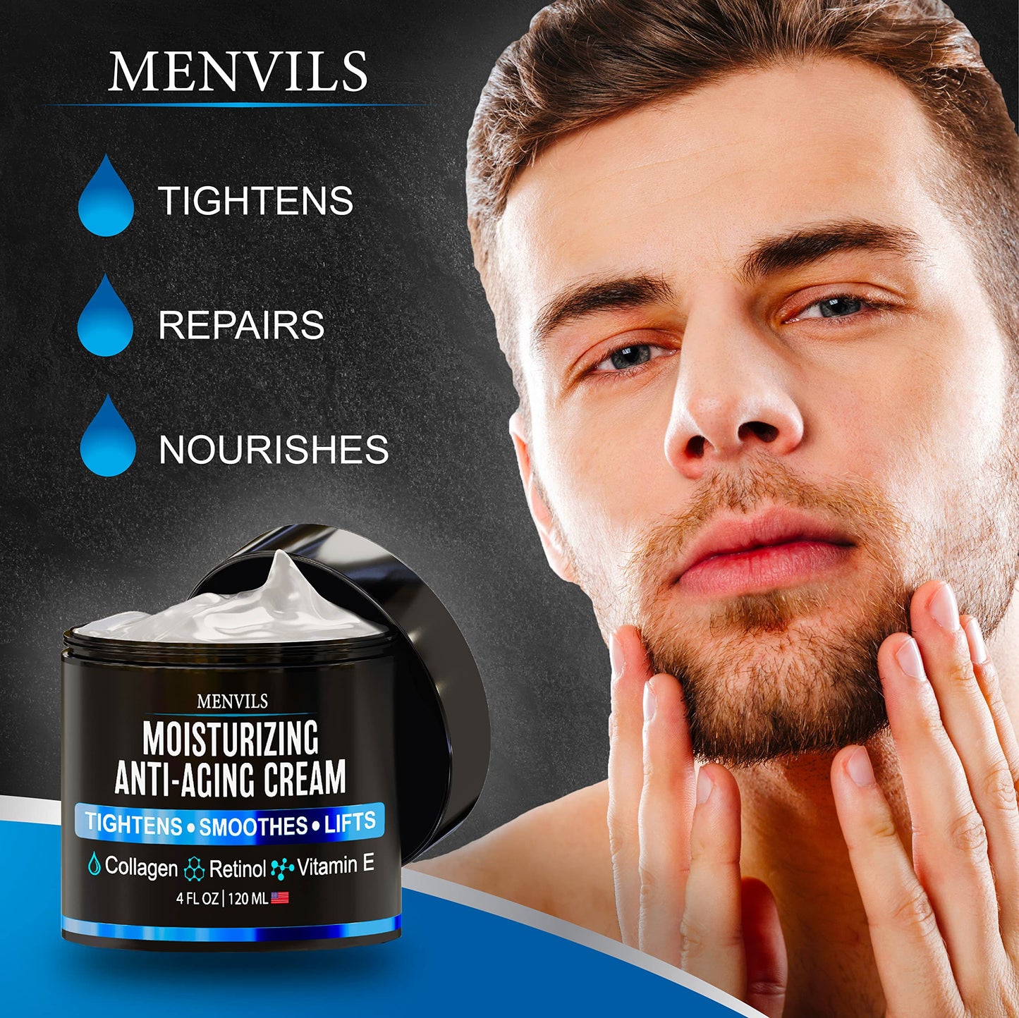 (2 Pack) Mens Face Moisturizer Cream - Anti Aging & Wrinkle for Men with Collagen, Retinol, Vitamins E, Jojoba Oil - Face Lotion - Age Facial Skin Care - Eye Wrinkle - 8 oz Total