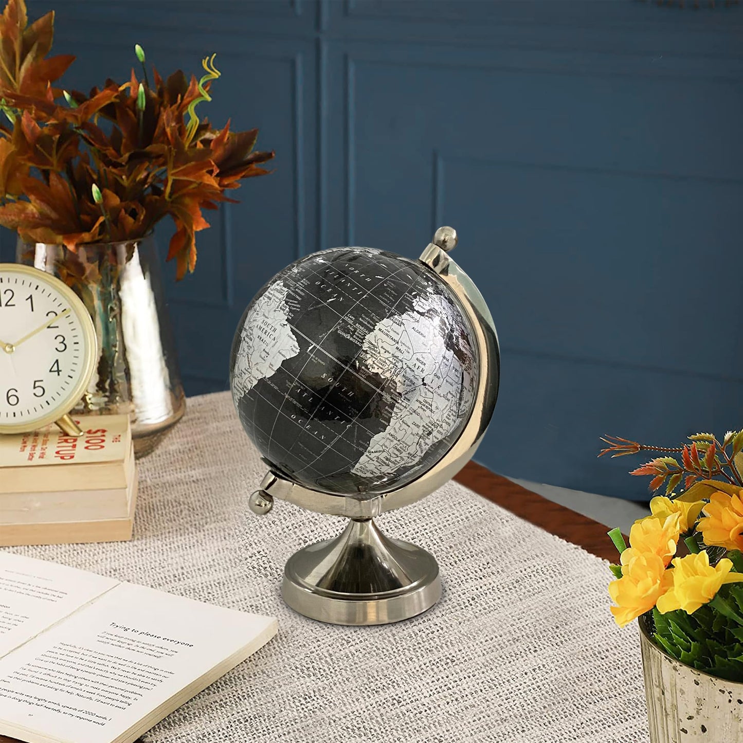 Rely+ 5" Black Globe of The World with Silver Stand (NOT PLASTIC!) For Bookcase Decorative Home Desk Table Office Decor Book Shelf Decor Globe 5 Inch