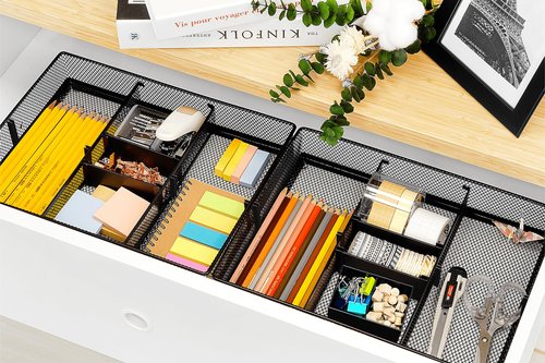 CAXXA Mesh 3 Slot Desk Drawer Organizer with Four Adjustable Dividers - Black