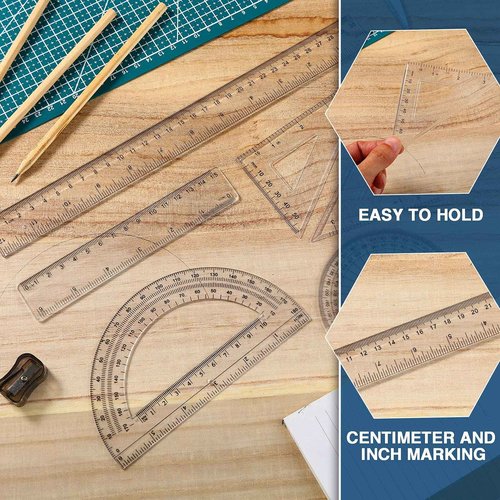 Tenare 288 Pcs Plastic Clear Math Set Includes Protractor Triangle Rulers 12 Inch 6 Inch Straight Geometry Math Transparent Ruler Measuring Tool for School Office Home Supplies