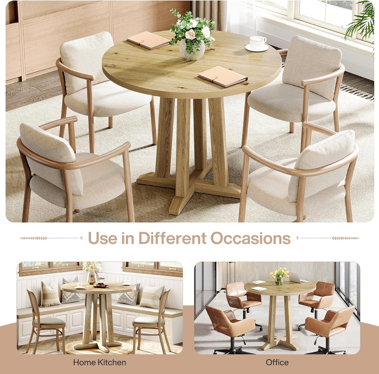 Tribesigns Round Conference Table - Sturdy 31.5" Meeting Table for 2-4 People | Natural Wood Finish