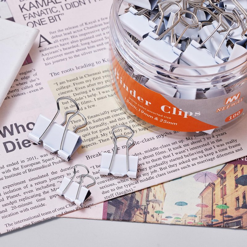 NEEWAY Binder Clips Assorted Sizes, White Binder Clips Set for Office and Home Use - Pack of 100