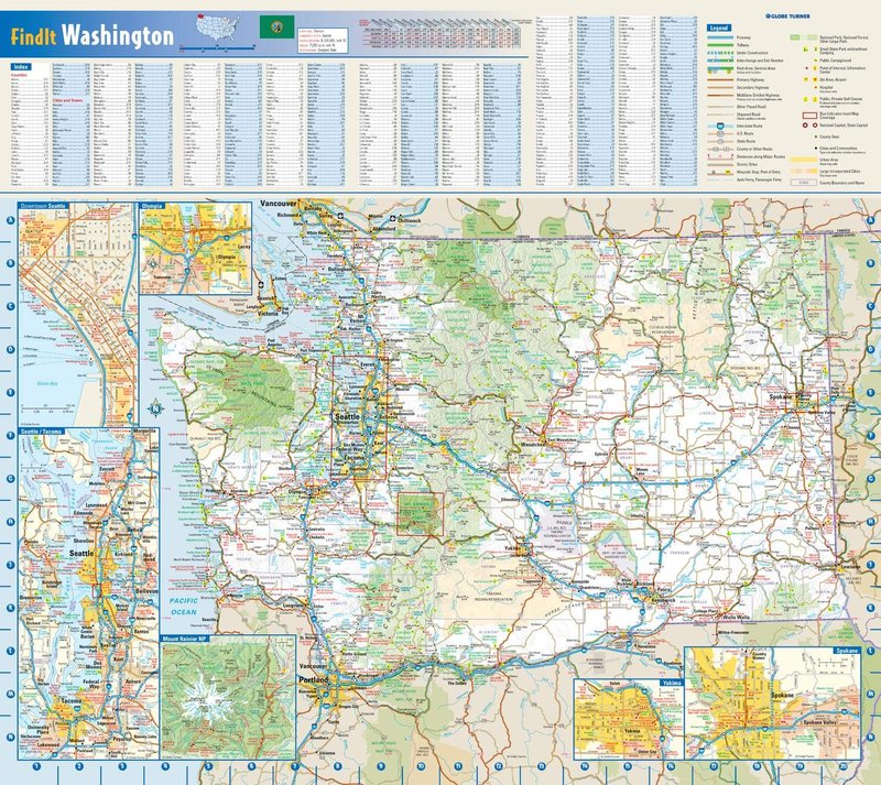 Globe Turner Washington State Wall Map - 20.75" x 18.5" Laminated, Full Color, Street Map, Glossy Finish