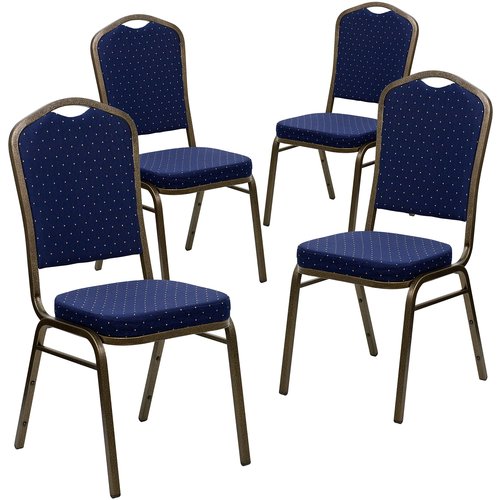 EMMA + OLIVER 4 Pack Crown Back Banquet Stack Chair in Navy Blue Dot Fabric-Gold Vein Frame