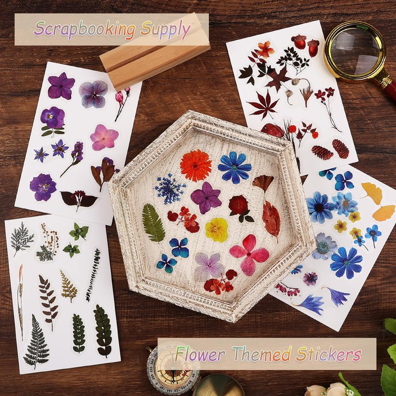 NOGAMOGA 320 PCS Natural Vintage Flower Stickers, Small Floral Leaf Sticker Self-Adhesive Scrapbook Supplies for Journaling, Resin Art, DIY Crafts, Card Making