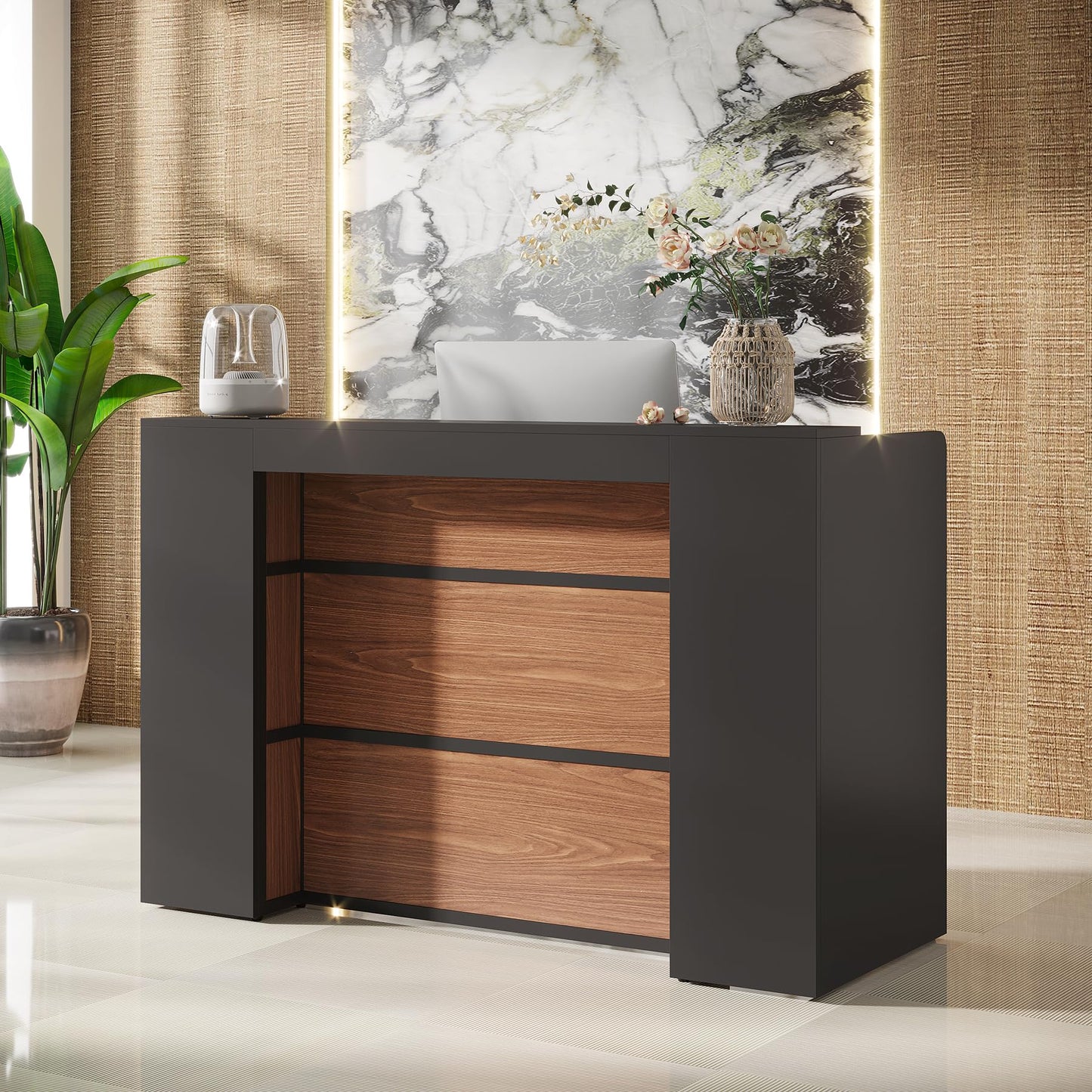 Tribesigns Modern Reception Desk with LED Lights, 63 Inches Front Counter Table for Reception Room (Black&Brown)