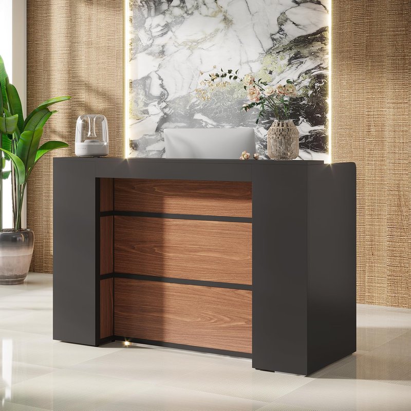 Tribesigns Modern Reception Desk with LED Lights, 63 Inches Front Counter Table for Reception Room (Black&Brown)