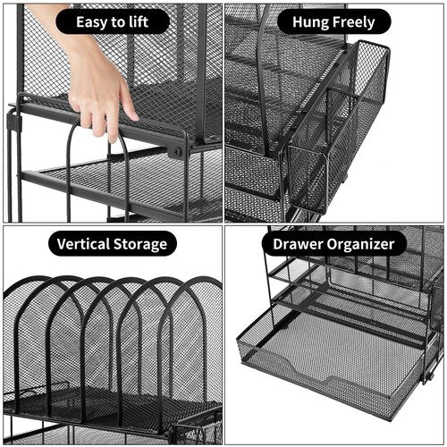 ORDROLL Desk Organizers and Accessories with Drawer, File Organizer with 5 Vertical File Holders and Pen Holders, Office Desk Accessories Workspace Desktop Organizers for Office Supplies (Black)