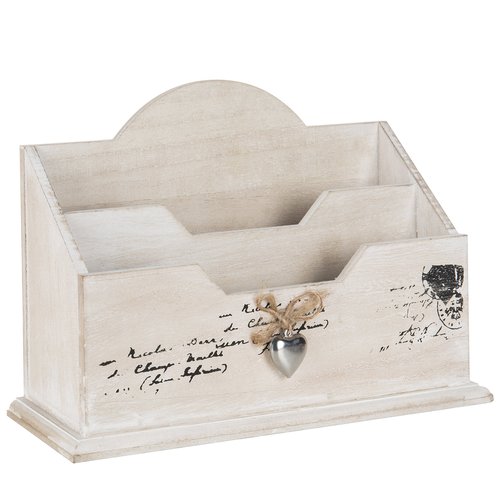 MyGift Whitewashed Wood Office Desktop Letter Mail Sorter, Decorative 2 Compartment Desk Stationery Organizer with Metal Heart Ornament